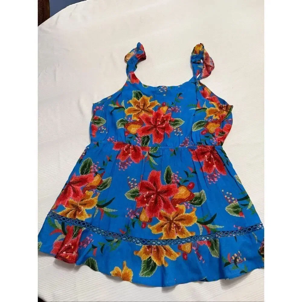 NWT Anthropologie Farm Rio Ruffled Blue Floral Blouse Tank Sleeveless Size Large